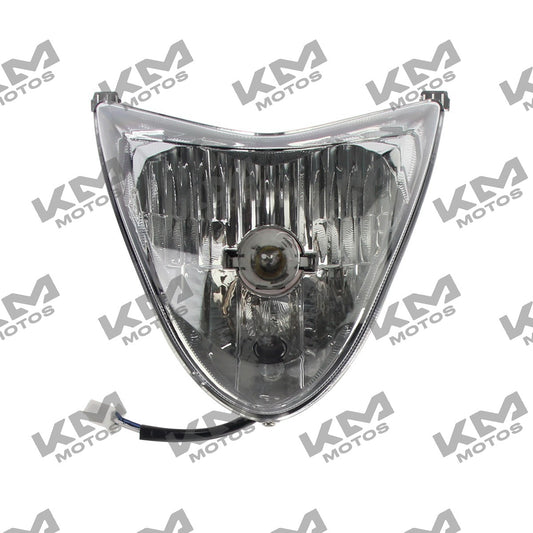 Conjunto de faro FT125TS Italika, sistema eléctrico original, con faro y componentes en la imagen.