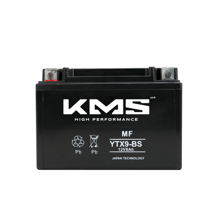 Batería sellada KMS YTX9-BS para motos Pulsar NS200, KTM 250, Italika 250 2019 y cuatrimoto Akt200/Tank250, vista del producto.